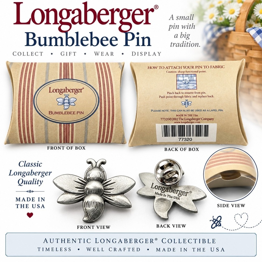 Longaberger Bumblebee Pin 77320 2002 Pewter Lapel Pin Made in USA w/ Box
